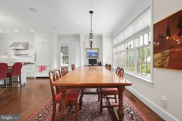 Dining room, Interior, Kitchen, Pendant Lights, Recessed Lighting, Wood Texture Flooring