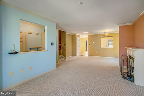 Chandelier, Empty room, Fireplace, Interior