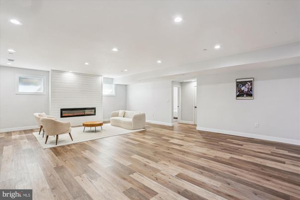 Fireplace, Interior, Living room, Recessed Lighting, Wood Texture Flooring