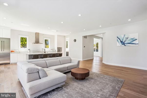 Interior, Kitchen, Living room, Marble Walls, Recessed Lighting, Stainless Steel Appliances, Wood Texture Flooring