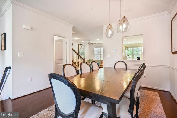 Dining room, Interior, Pendant Lights, Recessed Lighting, Wood Texture Flooring