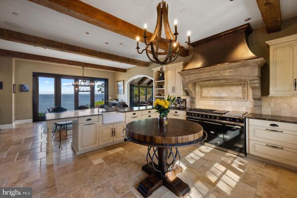Chandelier, Interior, Kitchen, Pendant Lights, Recessed Lighting, Stainless Steel Appliances, Water, Wooden Beams