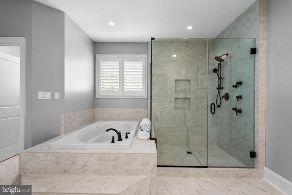 Bathroom, Glass Shower, Interior, Marble, Marble Walls, Recessed Lighting