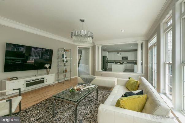 Chandelier, Interior, Kitchen, Living room, Recessed Lighting, Stainless Steel Appliances, Wood Texture Flooring
