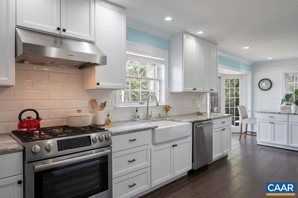 Dining room, Interior, Kitchen, Recessed Lighting, Stainless Steel Appliances, Wood Texture Flooring