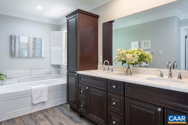Bathroom, Dual Sink Vanities, Interior, Recessed Lighting, Wood Texture Flooring