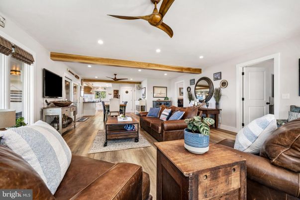 Dining room, Interior, Living room, Recessed Lighting, Wooden Beams, Wood Texture Flooring