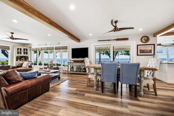 Dining room, Interior, Living room, Recessed Lighting, Water, Wooden Beams, Wood Texture Flooring