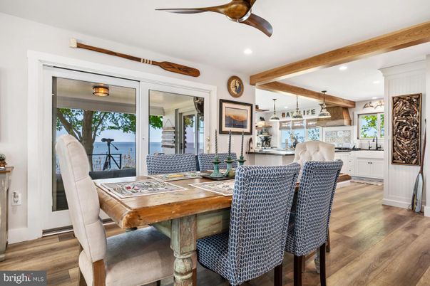 Dining room, Interior, Kitchen, Pendant Lights, Recessed Lighting, Water, Wooden Beams, Wood Texture Flooring