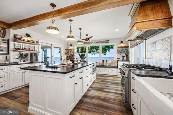Interior, Kitchen, Pendant Lights, Recessed Lighting, Water, Wooden Beams, Wood Texture Flooring