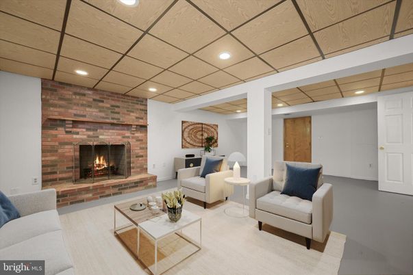 Fireplace, Interior, Living room, Recessed Lighting, Stone Walls