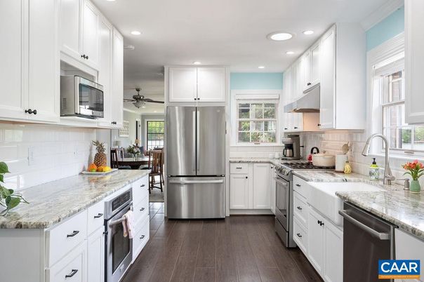 Dining room, Interior, Kitchen, Recessed Lighting, Stainless Steel Appliances, Wood Texture Flooring