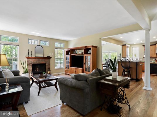 Dining room, Fireplace, Interior, Kitchen, Living room, Recessed Lighting, Wood Texture Flooring