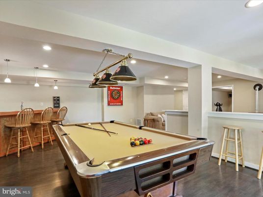 Billiard Table, Game Room, Interior, Pendant Lights, Recessed Lighting, Wood Texture Flooring