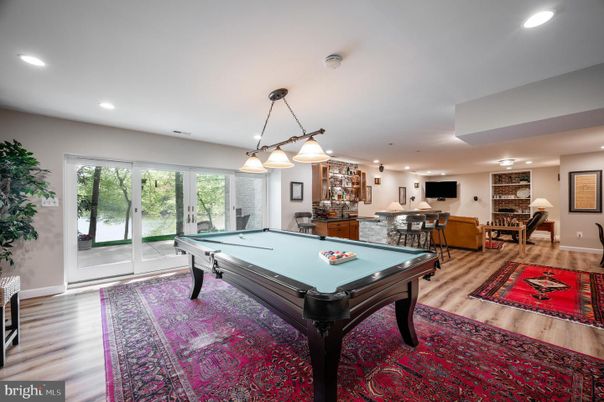 Billiard Table, Game Room, Interior, Pendant Lights, Recessed Lighting, Wood Texture Flooring
