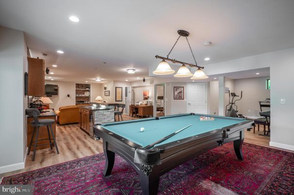 Billiard Table, Game Room, Interior, Pendant Lights, Recessed Lighting, Wood Texture Flooring