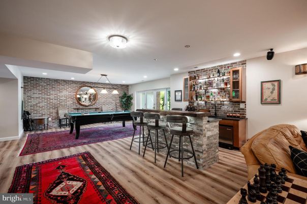 Billiard Table, Game Room, Interior, Pendant Lights, Recessed Lighting, Stone Walls, Wood Texture Flooring