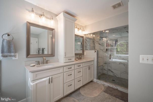 Bathroom, Dual Sink Vanities, Glass Shower, Interior, Marble Walls