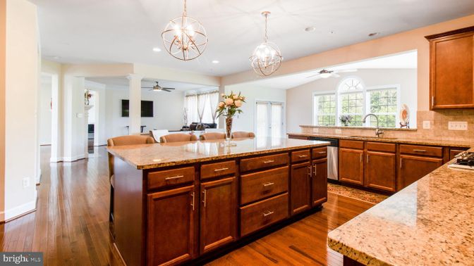 Chandelier, Interior, Kitchen, Pendant Lights, Recessed Lighting, Wood Texture Flooring