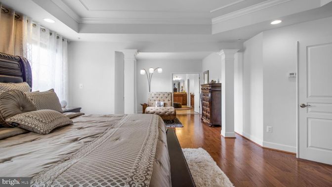 Bedroom, Interior, Recessed Lighting, Wood Texture Flooring