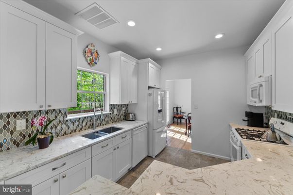 Interior, Kitchen, Marble, Recessed Lighting, Wood Texture Flooring