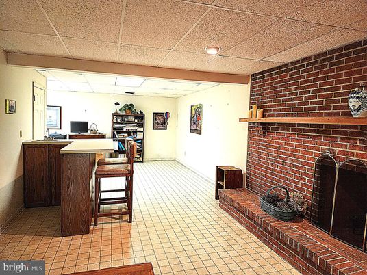 Fireplace, Home Office, Interior, Recessed Lighting, Stone Walls