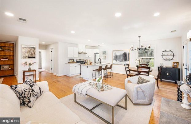 Chandelier, Dining room, Interior, Kitchen, Living room, Recessed Lighting, Stainless Steel Appliances, Wood Texture Flooring