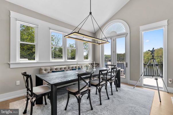 Dining room, Interior, Pendant Lights, Wood Texture Flooring