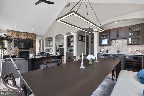 Dining room, Interior, Kitchen, Pendant Lights, Recessed Lighting, Stone Walls