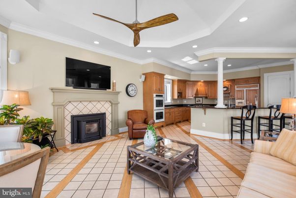 Fireplace, Interior, Kitchen, Living room, Recessed Lighting, Stainless Steel Appliances