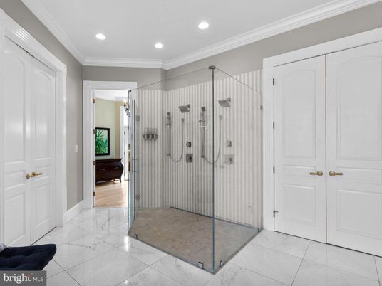 Bathroom, Glass Shower, Interior, Marble, Recessed Lighting, Wood Texture Flooring