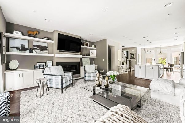 Dining room, Fireplace, Interior, Living room, Pendant Lights, Recessed Lighting, Wood Texture Flooring