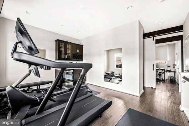 Fitness Equipment, Gym, Interior, Recessed Lighting, Wood Texture Flooring