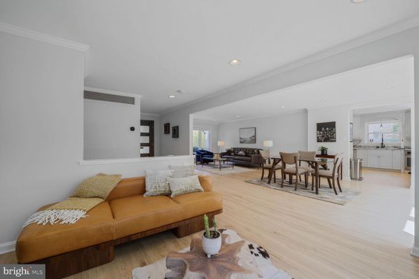 Dining room, Interior, Living room, Recessed Lighting, Wood Texture Flooring