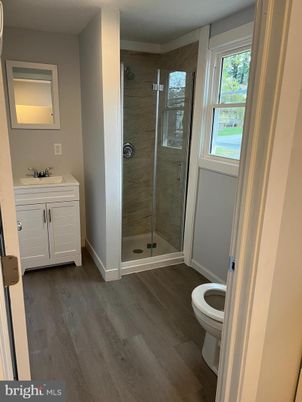 Bathroom, Glass Shower, Interior, Wood Texture Flooring