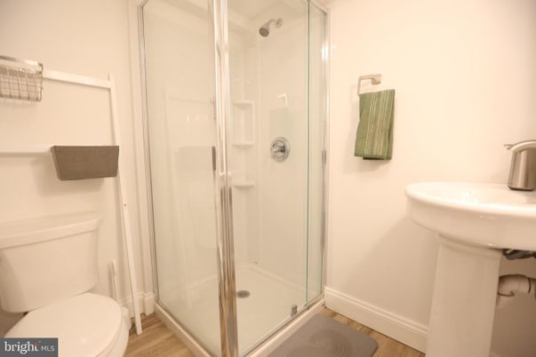 Bathroom, Glass Shower, Interior, Wood Texture Flooring