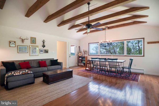 Chandelier, Dining room, Interior, Living room, Pendant Lights, Wooden Beams, Wood Texture Flooring
