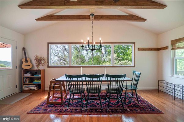 Chandelier, Dining room, Interior, Pendant Lights, Wooden Beams, Wood Texture Flooring