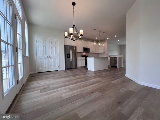 Chandelier, Interior, Kitchen, Pendant Lights, Recessed Lighting, Stainless Steel Appliances, Wood Texture Flooring
