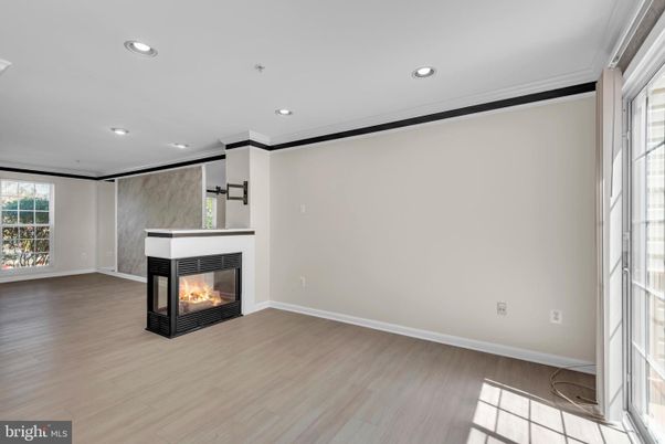 Empty room, Fireplace, Interior, Recessed Lighting, Wood Texture Flooring