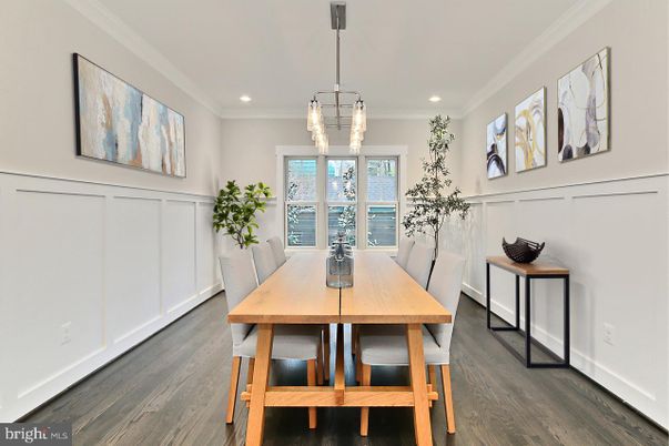 Dining room, Interior, Pendant Lights, Recessed Lighting, Wood Texture Flooring