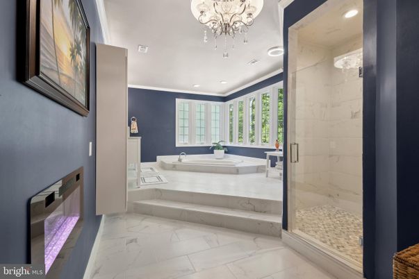 Bathroom, Chandelier, Glass Shower, Interior, Marble, Marble Walls, Recessed Lighting