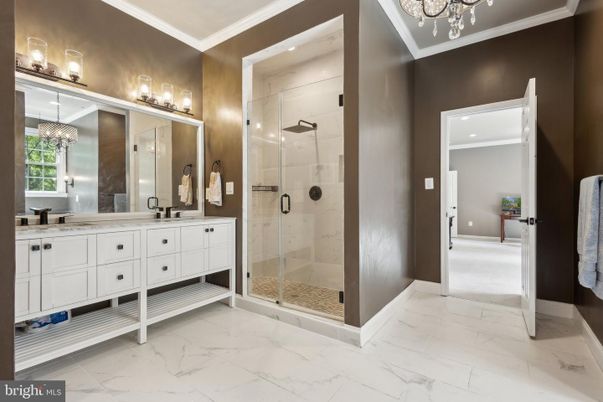 Bathroom, Dual Sink Vanities, Glass Shower, Interior, Marble
