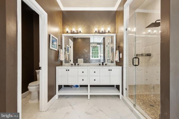 Bathroom, Dual Sink Vanities, Glass Shower, Interior, Marble