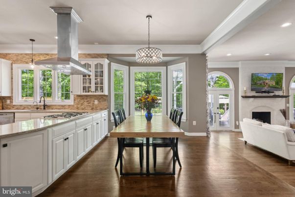 Dining room, Fireplace, Interior, Kitchen, Living room, Pendant Lights, Recessed Lighting, Wood Texture Flooring