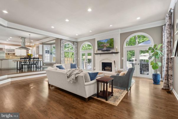 Dining room, Fireplace, Interior, Kitchen, Living room, Pendant Lights, Recessed Lighting, Wood Texture Flooring