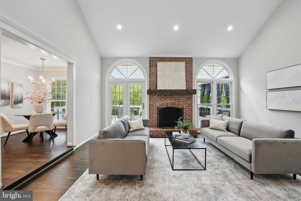 Dining room, Fireplace, Interior, Living room, Pendant Lights, Recessed Lighting, Stone Walls, Wood Texture Flooring
