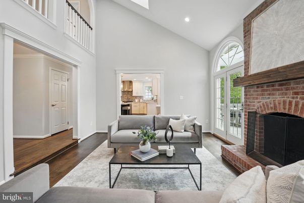 Fireplace, Interior, Kitchen, Living room, Recessed Lighting, Stone Walls, Wood Texture Flooring
