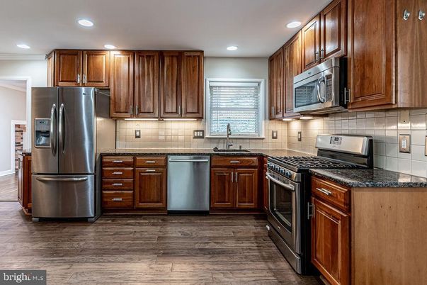 Interior, Kitchen, Recessed Lighting, Stainless Steel Appliances, Wood Texture Flooring