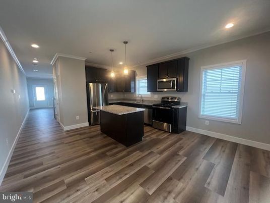 Interior, Kitchen, Pendant Lights, Recessed Lighting, Stainless Steel Appliances, Wood Texture Flooring